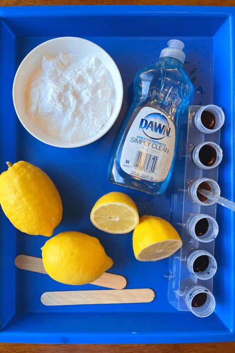 Lemon Volcanoes – Sizzling Science Experiment - Friends Art Lab Lemon Volcano, Baking Soda Experiments, Science Demonstrations, Volcano Experiment, Imagination Tree, Summer Science, Edible Paint, Silly Putty, Science Projects For Kids