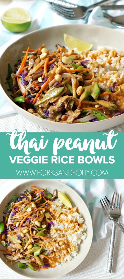 Yummy Thai Peanut Veggie Rice Bowls - Forks and Folly Vegetarian Rice Bowl Recipe, Veggie Rice Bowl, Veggie Rice, Veggie Bowls, Thai Peanut Sauce, Tasty Thai, Healthy Bowls Recipes, Rice Bowls Recipes, Thai Peanut