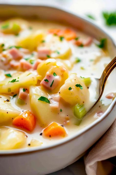 This ham and potato soup is rich, creamy, and so satisfying! It's loaded with ham and potatoes but also carrots, celery, and onions. Warm up with a bowl today! Potato Soup With Carrots And Celery Recipe, Ham Potato Carrot Soup, Ham And Vegetable Soup Recipes, Ham Vegetable Soup, Potato Soup With Carrots And Celery, Soup With Ham In It, Potatoes And Ham Soup, Easy Ham Soup, Healthy Ham And Potato Soup