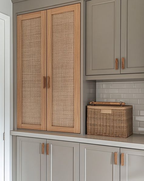 Have you ever felt like your space was missing something? A few small changes can make a HUGE difference! I'm totally in love with how these woven cabinets and soft neutral tones create such a cozy, modern vibe. It’s the perfect blend of style and function, don’t you think?⁣ Tip: Adding texture can instantly elevate any room, especially in areas like your mudroom, laundry room, or entryway. Mixing natural textures like wicker and cane with sleek surfaces creates warmth and depth. And let's be... Laundry Room Cane Doors, Mudroom Lockers, Wood Facade, Cabinet Fronts, Cane Furniture, New Interior Design, Kitchen Reno, Modern Vibe, Kitchen Cabinetry