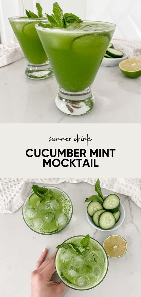 This Cucumber Mint Mocktail is refreshing, tangy and perfect drink for a hot summer day. It's made with cucumber, mint, ginger and fresh lime juice! Perfect non alcoholic summer mocktail made with fresh ingredients. Mint Drink Recipes, Cucumber Drinks Non Alcoholic, Cucumber Refresher Drink, Cucumber Blended Drink, Cucumber Electrolyte Drink, Detox Mocktail, Cucumber Mojito, Mint Juice Recipe, Cucumber Mint Drink