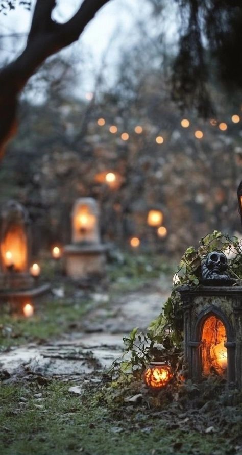 Craft a chilling Halloween graveyard scene with these hair-raising ideas. Erect weathered tombstones, scatter bones, and hang tattered cloth to evoke an abandoned cemetery. Install dim lighting and play eerie sounds for added ambiance. Create a focal point with a towering grim reaper statue or a decrepit mausoleum facade. Your neighbors will shudder at your spooktacular display! Abandoned Graveyard Aesthetic, Grim Reaper Statue, Thrifted Halloween, Abandoned Cemetery, Reaper Statue, Spooky Cemetery, Graveyard Scene, Halloween Graveyard, Creative Costumes