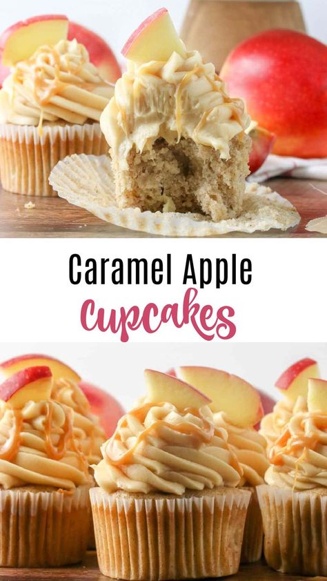 Cupcakes with caramel whipped frosting, salted caramel drizzle and apple slice Apple Cupcakes Recipe, Salted Caramel Buttercream Frosting, Apple Spice Cupcakes, Cupcakes With Caramel, Caramel Apple Cupcakes, Caramel Buttercream Frosting, Homemade Cupcake Recipes, Salted Caramel Buttercream, Caramel Apple Spice