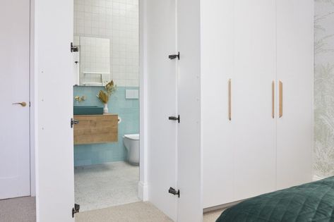 The Block 2020: Week 2 — Guest ensuite reveal Hidden Bathroom Door, Hidden Doorway, Guest Ensuite, Hidden Toilet, Aqua Tiles, Latest Bathroom, Black Toilet, Laundry Room Inspiration, Unique Flooring