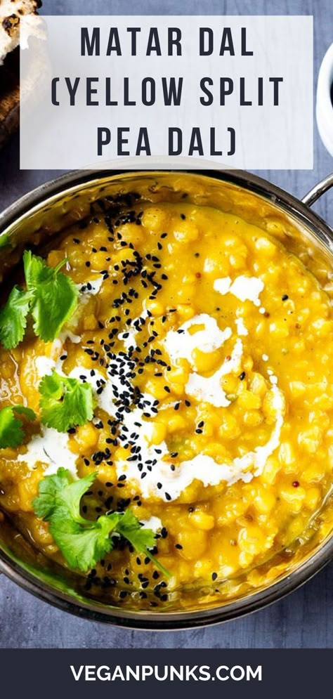 A photo of yellow split pea dal topped with fresh coriander, nigella seeds and a swirl of yoghurt. Dried Yellow Peas Recipe, Yellow Dhal Recipe, Yellow Split Pea Recipes Indian, Yellow Dahl Recipe, Yellow Lentil Dahl Recipe, Curry Split Pea Soup, Yellow Lentil Dal, Split Pea Recipes Vegan, Ethiopian Yellow Split Peas