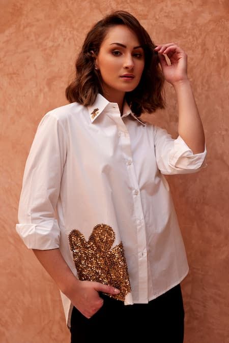 Buy White Cotton Embroidered Sequin Shirt Collar Abstract Patch For Women by Palak Khandelwal Online at Aza Fashions. Patch Work Shirt, Kurti Ideas, West East, Blazer Pattern, Patchwork Clothes, Organza Shirt, White Cotton Shirt, Patch Shirt, Embellished Shirt