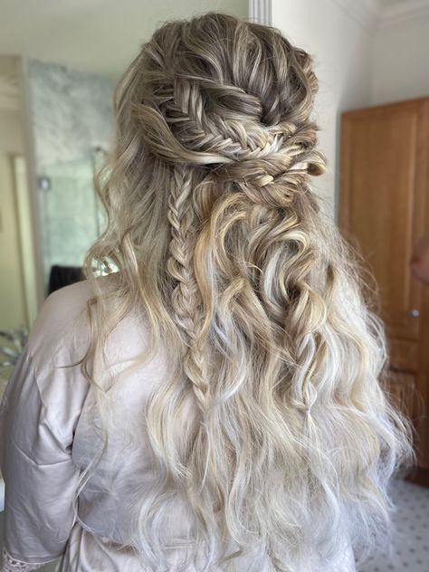 Boho wedding hair bridal hair blonde bridal hair half up half down braids Half Up Half Down Boho Wedding Hair, Boho Half Up Hair Wedding, Braided Half Up Half Down Hair Wedding, Boho Wedding Hair With Veil, Half Up Braided Hairstyles Wedding, Boho Bridal Hair Half Up, Half Up Half Down Wedding Hair Braid, Half Up Wedding Hair With Veil, Boho Half Up Half Down Hairstyles