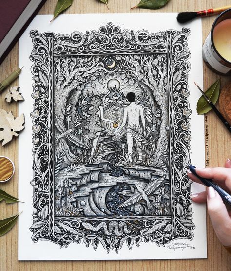 Wood Illustrations, Tarot Cards Art Illustration, Graphic Design Drawing, Nature Illustrations, Wood Illustration, Garden Drawing, Tarot Cards Art, Drawing Pen, Book Design Layout