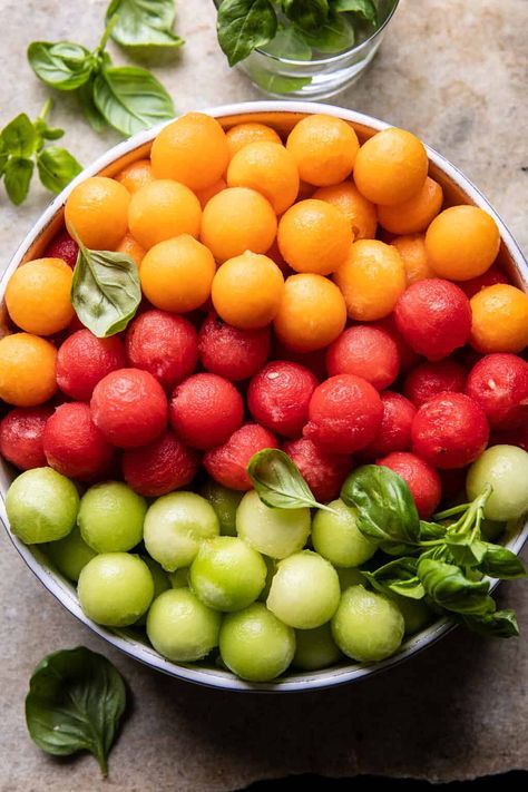 Marinated Mozzarella Melon Skewers | halfbakedharvest.com Melon Ball Skewers, Melon Skewers, Marinated Mozzarella, Melon Recipes, Skewer Appetizers, Pistachio Pesto, Bite Size Food, Watermelon Feta Salad, Watermelon And Feta