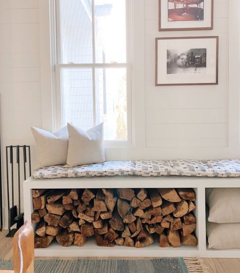 Bench With Firewood Storage, Indoor Log Storage Bench, Wood Storage Under Fireplace Hearth, Firewood Storage Bench Indoor, Interior Wood Storage, Wood Storage Inside, Wood Storage For Fireplace, Wood Storage By Fireplace, Indoor Firewood Storage Ideas