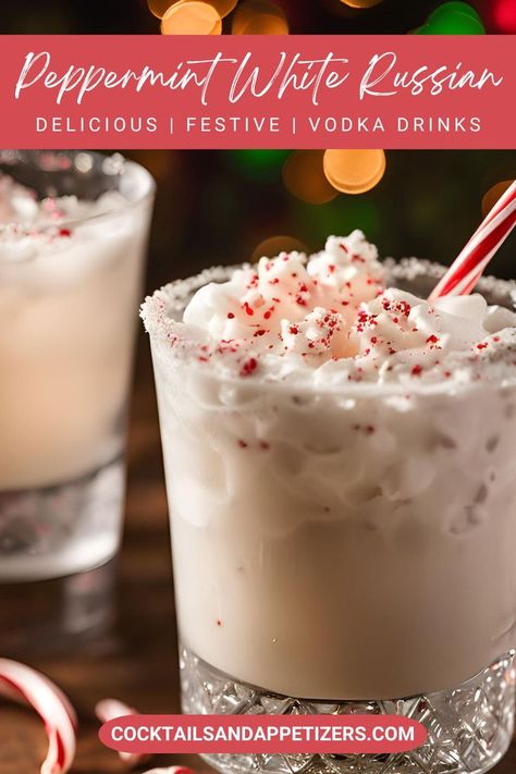 This White Russian with Peppermint is a creamy cocktail perfect for Christmas party drinks. Made with Kahlua and Peppermint Schnapps, cream and crushed candy canes. A perfectly delightful mixed drink to enjoy while winter entertaining, as Fall drinks, or winter cocktails. Drinks With Peppermint Vodka, Drinks Alcohol Recipes Winter, Christmas Vodka Drinks, Winter Mixed Drinks, Peppermint White Russian, Fun Christmas Cocktails, Christmas Cocktails Vodka, Christmas Vodka, Peppermint Cocktail