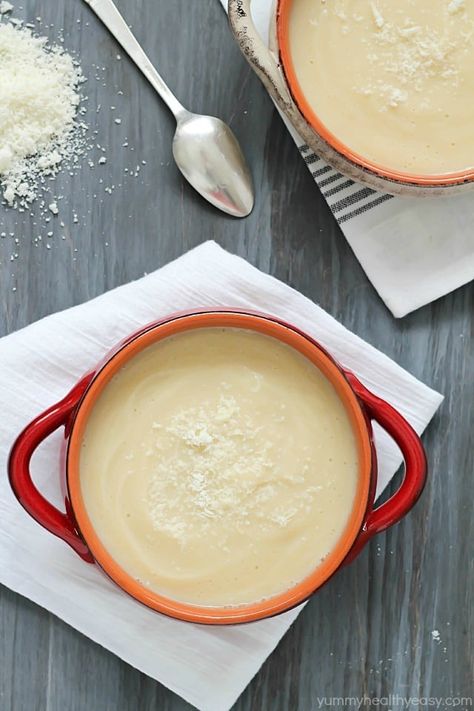 EASY Cauliflower Soup that's super healthy but doesn't taste healthy (hint: YUM!) Vegetarian, gluten-free, paleo and clean eating. So delicious! Easy Cauliflower Soup, Braces Food, Beach Recipes, Protein Ideas, Creamy Cauliflower Soup, Healthy Breakfast Muffins, Easy Cauliflower, Creamy Cauliflower, Ideal Protein