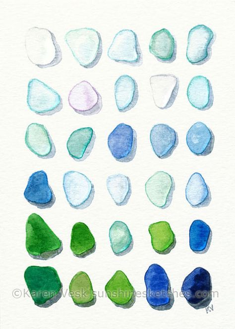 Sea glass original watercolor painting 5 x 7 by SunshineStatements Sea Glass Jewelry Diy, Glass Art Painting, Surf Painting, Bottle Drawing, Painted Post, Sea Glass Colors, Sea Glass Bracelet, Beach Glass Art, Glass Beach