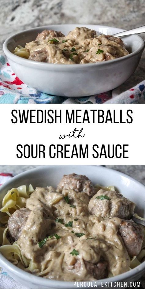 Swedish meatballs of lightly spiced ground pork, with a rich and velvety sour cream sauce! Serve this easy weeknight dinner over egg noodles. Sour Cream Meatballs, Meatballs And Noodles Swedish, Swedish Meatballs Sour Cream, Swedish Meatballs With Egg Noodles, Swedish Meatball Egg Noodle Recipe, Swedish Meatballs Sauce Gravy Sour Cream, Meatballs With Egg Noodles, Meatballs Brown Gravy Egg Noodles, Easy Swedish Meatball Recipe Mushroom Soup Sour Cream