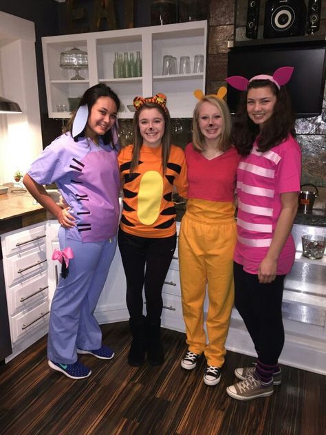 Eeyore, Tigger, Pooh, Piglet Halloween Costumes. Winnie The Pooh Dress Up, 5 People Disney Costumes, Heffalump Costume, Book Character Teacher Costumes, Tigger Costume Women, Eeyore Diy Costume, Eeorye Costume, Piglet Halloween Costume Women, Homemade Tigger Costume