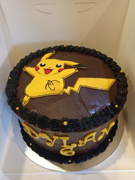 Chocolate ganache with chocolate buttercream filling for a birthday boy Raichu Birthday Cake, Pokemon Chocolate Cake, Homemade Pikachu Cake, Pokemon Drip Cake, Pikachu Cake Buttercream, Pokemon Cake Buttercream, Pikachu Cake, Chocolate Ganache Cake, Pokemon Cake