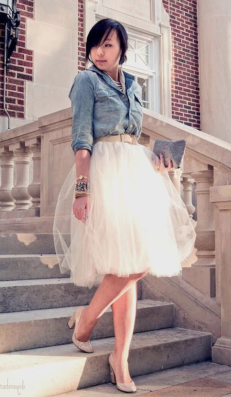 How to wear a denim shirt 21 different ways | THE REFINERY Ivory Tulle Skirt, Tulle Skirt Bridesmaid, Tulle Skirts Outfit, Tule Rok, White Tulle Skirt, Gonna In Tulle, Skirt Tulle, Shower Outfits, Bridal Shower Outfit