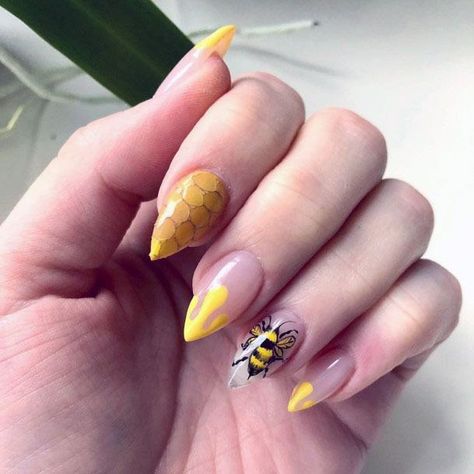 Top 50 Best Bee Nails for Women – Buzz Worthy Design Ideas Bee Hive Nails, Honey Bee Nail Designs, Beehive Nails, Nail Art Bee, Bumble Bee Nails Design, Honeycomb Nails, Honey Bee Nails, Bees Nails, Honey Nails