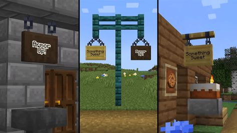 Minecraft Street Sign Ideas, Hanging Sign Minecraft, Minecraft Street Sign, Minecraft Hanging Sign, Minecraft Sign Post, Minecraft Sign, Minecraft Ideas, Sign Post, Minecraft 1