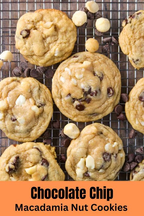 Make extra special cookies by adding macadamia nuts! These Chocolate Chip Macadamia Nut cookies are soft, thick and fat cookies filled with decadent chocolate and macadamia nuts! Macadamia Nut Chocolate Chip Cookies Recipe, Chocolate Chunk Macadamia Nut Cookies, Chocolate Chip Macadamia Cookies, Chocolate Chip Macadamia Nut Cookies, Fat Cookies, Macadamia Nut Recipes, Cookie Delight, Macadamia Nut Cookies Recipe, Chocolate Macadamia Nut Cookies