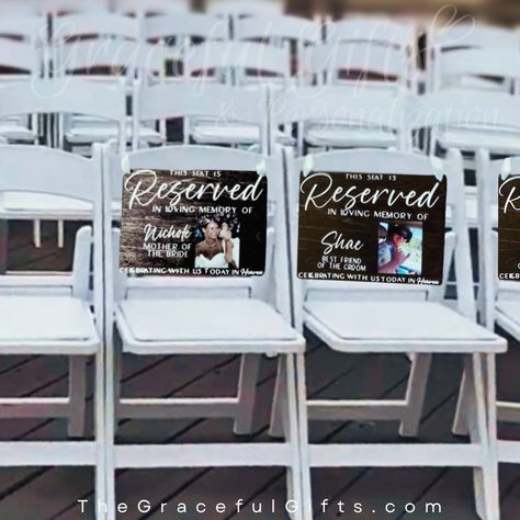 Honor your lost loved ones during your wedding ceremony with a Reserved Chair Memorial Photo Sign custom made @gracefulgiftsllc #2024bride #2024weddingplanning #2025brides #2025weddingplanning #2025weddingtrends #2024weddingtrends #weddingceremony #weddingceremonyideas #weddingsignage Wedding Memorial Chair, Reserved Seating Wedding, Memorial Wedding, Wedding Chair Signs, Wedding Memorial Sign, Reserved Seating, Lost Loved Ones, Memorial Ceremony, Photo Sign