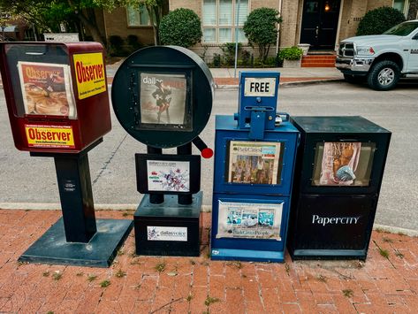 #newspaper #news #stand #newspaperstand #dallas #uptown #texas #city #citylife #aesthetic Texas City Aesthetic, Newspaper Exhibition, Newspaper Vending Machine, Newspaper Structures, Newspaper Delivery, New York Times Newspaper Aesthetic, Newspaper Stand, Seattle Times Newspaper, Magazine Stand