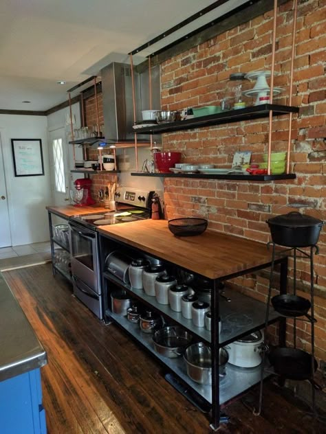 Under Counter Open Shelving, Stainless And Wood Kitchen, Steel And Wood Kitchen Cabinets, Industrial Kitchen Open Shelving, Metal Open Shelving Kitchen, Kitchen Base Cabinet Ideas Open Shelves, Suspended Kitchen Cabinets, Industrial Shelves Kitchen, Industrial Home Kitchen Stainless Steel