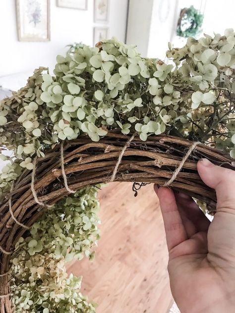 An Easy Hydrangea Wreath – The Hydrangea Farmhouse Hydrangea Hoop Wreath, Dried Hydrangea Wreath Diy, How To Make A Hydrangea Wreath, Dried Hydrangeas Wreath, Hydrangea Christmas Wreath, Dried Hydrangeas Christmas Decor Ideas, Dried Hydrangeas Decor Ideas, Dried Hydrangea Arrangements, Hydrangea Wreaths For Front Door