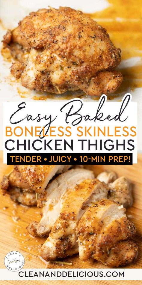 Baked boneless, skinless chicken thighs are inexpensive, delicious, and easy to cook. A simple spice rub is all you need to add tons of flavor before baking them in the oven. The results? Juicy, tender chicken that your whole family will love. I love chicken thighs. Crispy cast-iron chicken thighs are one of my go-to staples but when I want something even faster and easier, I turn to baked boneless skinless chicken thighs. | @danispies Baked Skinless Chicken Thighs, Baked Boneless Skinless Chicken Thighs, Chicken Thighs In Oven, Chicken Thighs Boneless, Chicken Thighs Recipe, Thighs Recipe, Clean And Delicious, Boneless Chicken Thigh Recipes, Chicken Thigh Recipes Baked