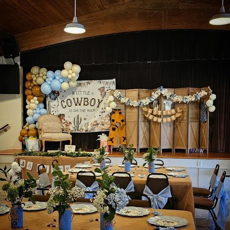 A Little Cowboy is on the Way!
Baby Shower at Old Davie School.  
#ODSHM
#babyshower
#DIY
#thepriceisright
#itsaboy Cowboy On The Way, Cream Balloons, Cowboy Baby Shower Theme, Cow Baby Shower Theme, Baby Shower Balloon Arch, Cow Baby Showers, Cowboy Baby Shower, Western Baby, Cowboy Baby