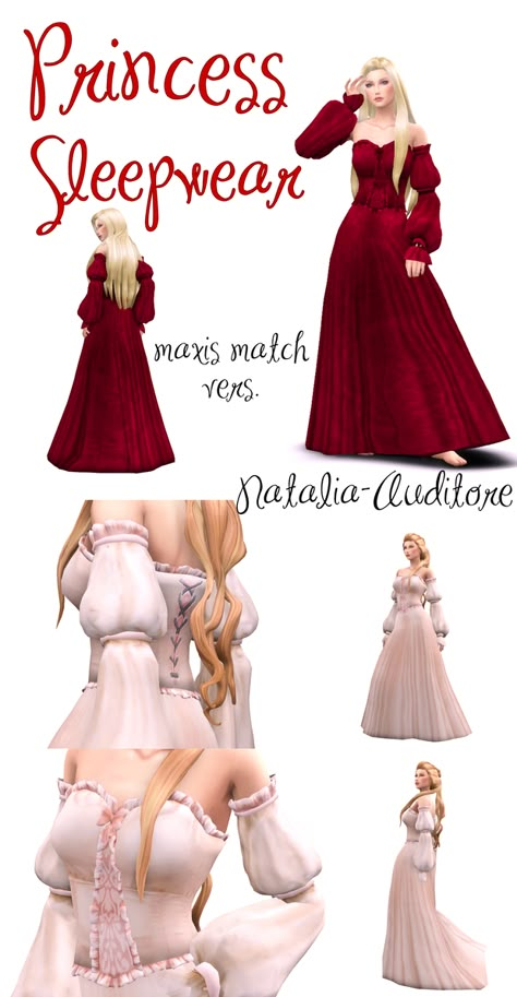 Princess sleepwear Maxis Match version | Natalia-Auditore on Patreon Sims 4 Cc Sleepwear, Princess Sleepwear, 4 Princess, Sims Medieval, Sims 4 Cas Mods, Sims Packs, Hair Male, Medieval Clothes, Sims 4 Download