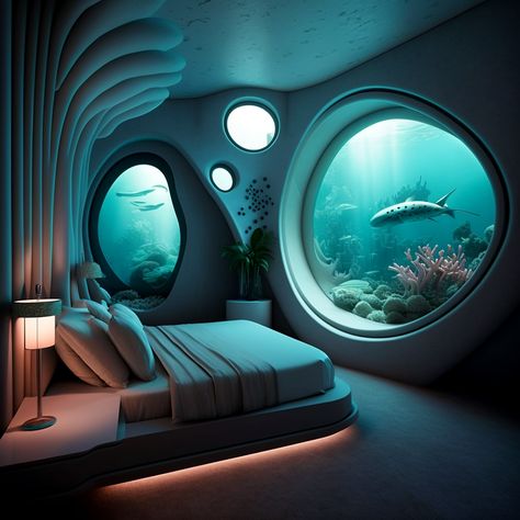 Underwater Home, House Underwater, Underwater Living Room, Underwater Bedroom Aesthetic, Aquatic Bedroom Aesthetic, Mermaid House Underwater, Underwater Hotel Room, Underwater Bedroom Fantasy Art, Futuristic Room