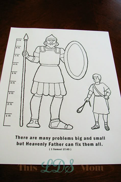 Today we talked about David and Goliath and how David had courage.  You can find his Scripture Hero Chart to download here .   We watched t... David And Goliath Printables, David And Goliath Worksheet, David Goliath Craft For Kids, Goliath Printable, David And Goliath Art, David And Goliath Coloring Page, Goliath Coloring Page, David Craft, David And Goliath Craft