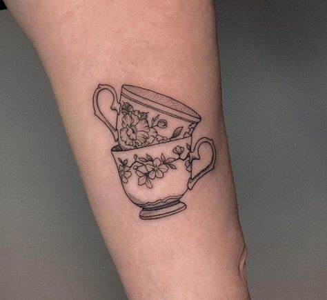 Small Back Of Leg Tattoo, Cute Teacup Tattoo, Stacked Teacup Tattoo, Thrifting Tattoo, Cute Line Work Tattoos, Teapot And Teacup Tattoo, Tiny Teacup Tattoo, Teacup Tattoo Tiny, Tea Cup Tattoo Vintage