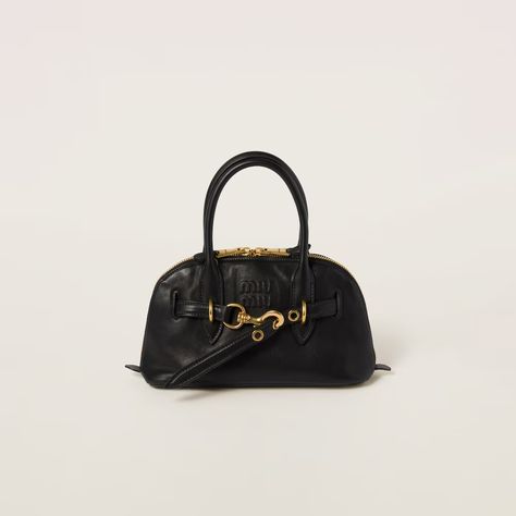 Black Aventure Nappa Leather Top-handle Bag | Miu Miu Timeless Bags, Miu Miu Bag, Miu Miu Wallet, Lettering Logo, Saddle Brown, Louis Vuitton Shoulder Bag, Leather Handles, Nappa Leather, Leather Top