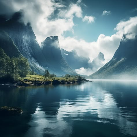 #norge #norway #nordic #fjord #scandinavian #viking #travel #adventure #hiking #climbing #camping #fishing #cruise Norwegian Landscape Painting, Fjord Tattoos, Norge Aesthetic, Nordic Viking Aesthetic, Bloodsworn Saga, Nordic Fjord, Nordic Scenery, Aesthetic Scandinavia, Norway Fjords Photography