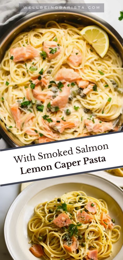 Smoked Salmon Pasta Creamy, Pasta Smoked Salmon, Pasta With Fish Recipes, Salmon Alfredo Pasta Recipes, Lemon Salmon Pasta, Lemon Caper Pasta, Pasta With Smoked Salmon, Salmon Linguine, Salmon Pesto Pasta