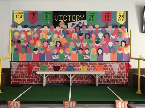 Baseball Vbs Decorations, Vbs Game On Decorations, Sports Theme Backdrop, Sports Bulletin Board Ideas Hallways, Vbs Sports Theme Decorations, Cathletics Vbs, Bible Baseball, Sports Exhibition, Sports Vbs