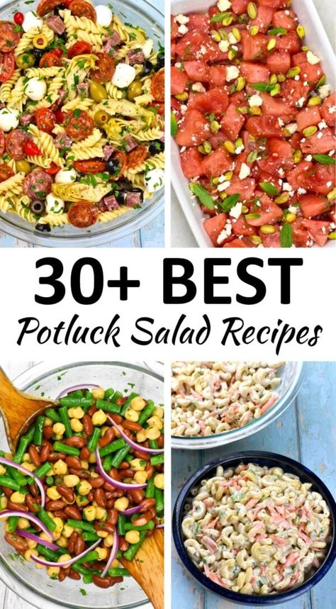 Potluck salad recipes pin. Cold Dishes For Potluck, Potluck Lunch Ideas, Potluck Salad Recipes, Moroccan Couscous Salad, Rainbow Pasta Salad, Potluck Bbq, Healthy Potluck, Easy Potluck Recipes, Antipasto Pasta Salads