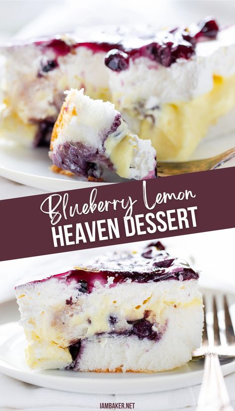 Two images of blueberry lemon heaven dessert on a white plate.  One image has a bite on a fork, and one has the fork resting near the dessert. Fun Easy Desert Ideas, Beach Desserts Easy, Mildly Sweet Desserts, Desserts For Pasta Night, Easy Rainy Day Desserts, Dessert For A Big Crowd, Ez Desserts Easy Recipes, Easy Dessert For Barbecue, Blueberry Cold Desserts