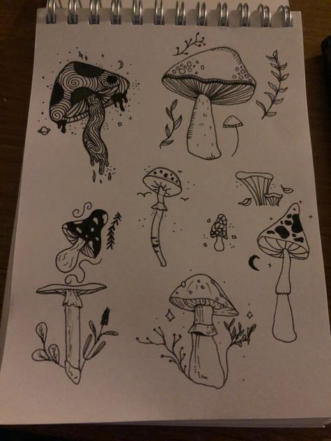 Spooky Mushroom Drawing, Aesthetic Indie Drawing Ideas, Trippy Mushroom Drawing, Mushroom Tattoo, Hand Doodles, Mushroom Drawing, Art Sketches Doodles, Indie Drawings, Meaningful Drawings