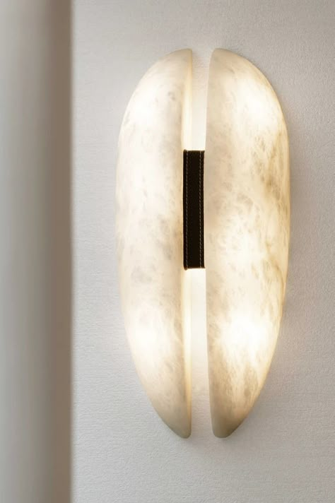 LUNA SCONCE by MICHEL AMAR in ALABASTER with a leather strap Bathroom Interior Design Luxury, Wall Lamp Design, Acrylic Wedding Invitations, Hospital Design, Area Lighting, Interiors Dream, Lighting Collections, Lamp Design, Light Decorations