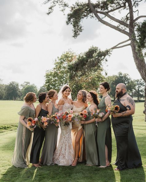 Bride and bridal party, bridesman, green bridesmaid dresses, gold maid of honour dress, wilderness reserve Gold And Green Bridal Party, Made Of Honor Dress Maid Of Honour, Bridal Party Forest Green, Green And Champagne Bridesmaid Dresses, Maid Of Honor Dress Green, Green Maid Of Honor Dress, Green And Pink Bridesmaid Dresses, Green And Gold Bridesmaid Dresses, Gold Maid Of Honor Dress