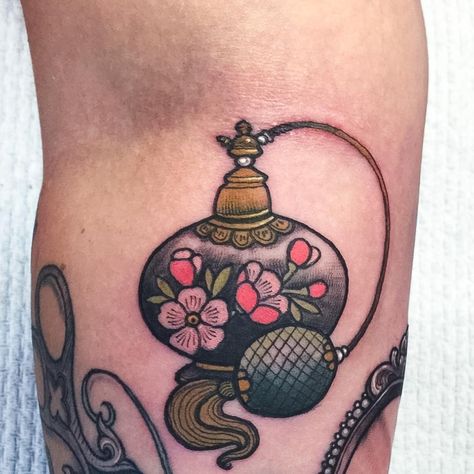 Diy Tattoos With Perfume, Perfume Tattoos, Traditional Perfume Bottle Tattoo, Vintage Perfume Bottle Tattoo, Victorian Perfume Bottle Tattoo, Perfume Bottle Tattoo, Hannah Tattoo, Sailor Jerry Flash, Cosmic Tattoo