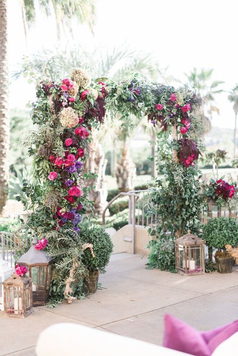 Floral wedding arbor Wedding Arbor Decor, Jewel Tone Wedding Theme, Wedding Arch Greenery, Arbor Arch, Wedding Reception Entrance, Fall Wedding Arches, Beautiful Entrance, Greenery Flowers, Wedding Arbor