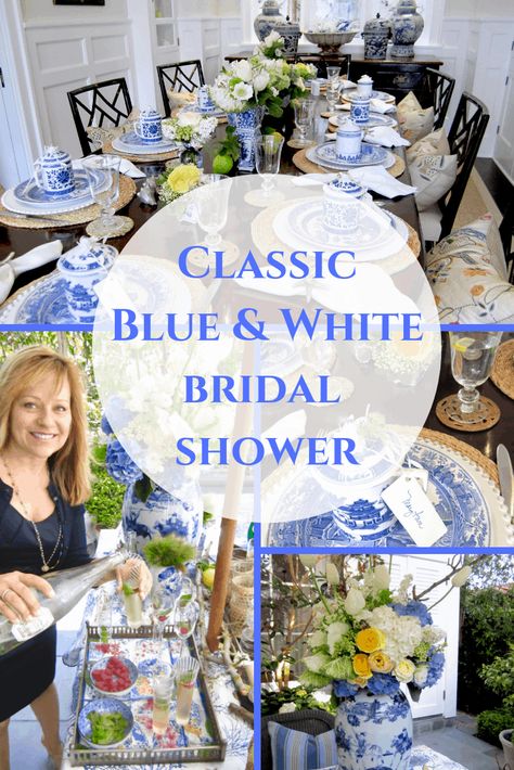 Elegant Blue and White Bridal Shower - Classic Casual Home #showers #blueandwhite #parties #bridalshower #tablesettings Blue White Centerpieces Wedding, Chinoiserie Shower Theme, Ginger Jar Bridal Shower Decor, Something Blue Bridal Shower Decorations, Blue Willow Bridal Shower Ideas, Bridal Luncheon Tablescape, Wedding Shower Blue And White, Chinoiserie Bridal Shower Ideas, Bridal Shower Tablescape Ideas