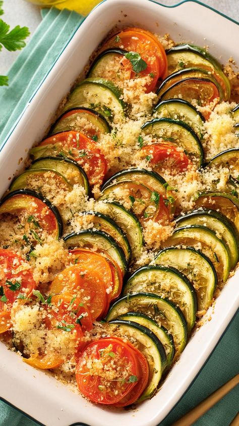 This healthy gratin recipe is a low-carb dish in which thinly sliced zucchinis and tomatoes are layered in a casserole dish and sprinkled with breadcrumbs, garlic and olive oil. This easy zucchini recipe is a perfect side dish, light meal or healthy dinner recipes quick easy healthy. Zucchini Tomato Bake, Tomato Gratin Recipe, Zucchini Tomato Casserole, Tomato Gratin, Zucchini In The Oven, Zucchini And Tomato, Sliced Zucchini, Zucchini Gratin, Easy Zucchini Recipes