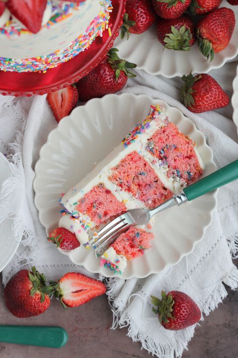 Strawberry Funfetti Cake - Baking with Blondie Lemon Funfetti Cake, Kids Cake Flavor Ideas, Filling For Funfetti Cake, Funfetti Cake Strawberry, Strawberry Confetti Cake, Homemade Strawberry Birthday Cake, Funfetti Cake Filling Ideas, Fun Birthday Cake Flavors, Two Layer Cake Birthdays