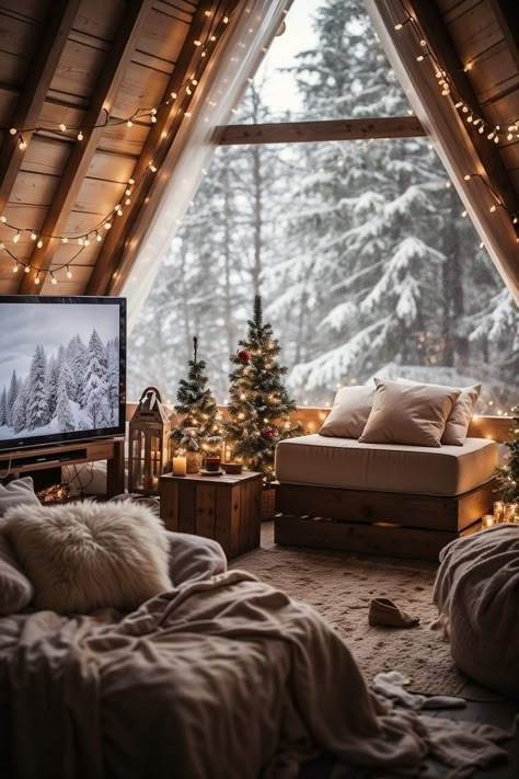 Bold Living Room Colors, Bold Living Room, Cozy Christmas Living Room, Vibrant Living Room, Cabin Aesthetic, Cosy Winter, Christmas Room Decor, Christmas Living Rooms, A Frame House