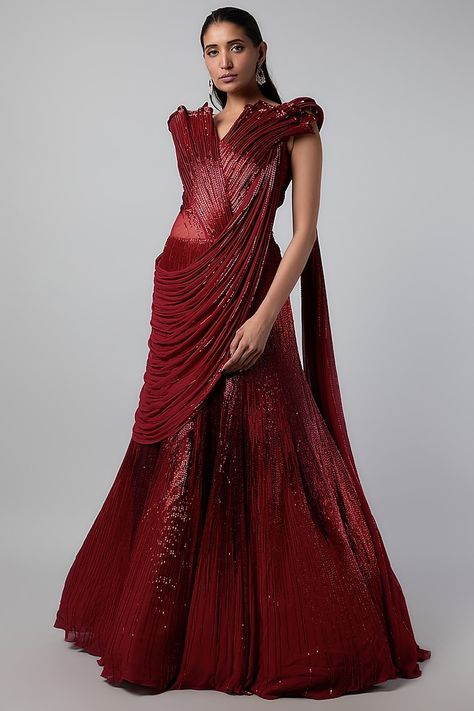 GAURAV GUPTA wishlist Lava Red Georgette Bugle Beads Embroidered Sculpted Gown Saree  $6,269 Gaurav Gupta Lehenga, Gaurav Gupta Gowns, Gown Saree, Gaurav Gupta, Studded Dress, Designer Wedding Gowns, Bugle Beads, Designer Wedding, Skirt Top